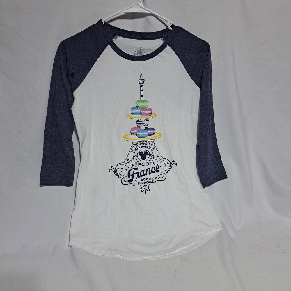 Disney Epcot France Macaron Eiffel Tower Raglan‎ T Shirt White Grey Gray SZ S